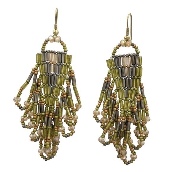Olive Green Gold Bugle Seed Bead Loop Tassel Handmade Statement Dangle Earrings - Picture 1 of 3